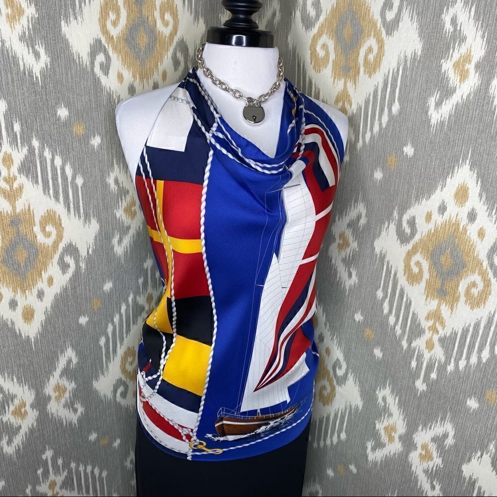 Ralph Lauren Multi Regatta Yacht Silk Scarf Silver Link Necklace Halter Top